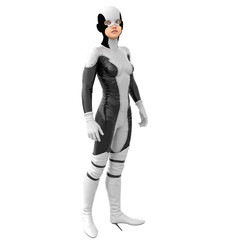 one teenage girl in a white dark super suit. Standing in a wary pose, head raised up