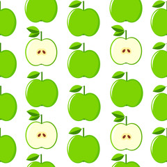 Green apples seamless pattern on the white background, the whole