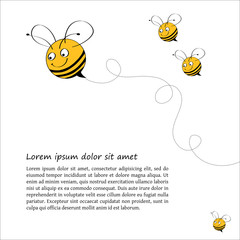 Postcard design with funny bees smiling, swirls and place for text. Square format. Can be used as a greetings card, book page or other.