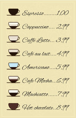 Menu page with coffee beverages. Cup icons with content representing illustrations. With prices, all numbers present. For cafe, restaurant, bar, coffee house or other.