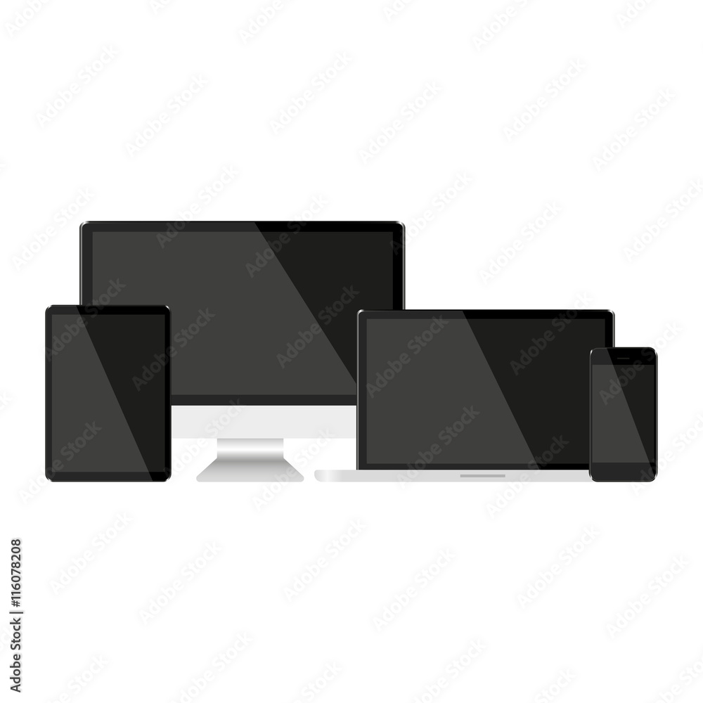 Poster set with dark screens computer notebook tablet and phone on a white background