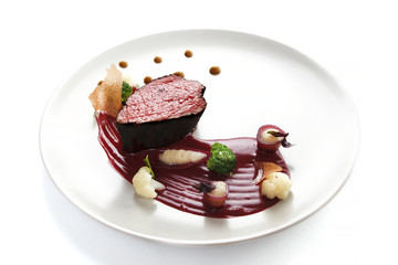 Veal fillet. Molecular cuisine with steak.
