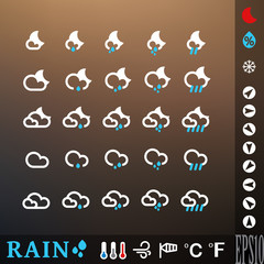 Weather icon set for rainy night. Different intensities (from drizzle to heavy). Vector illustration for web, mobile devices (applications, widgets). Intended for dark background. eps 10