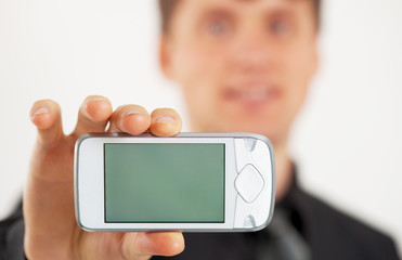 Man shows LCD screen mobile phone