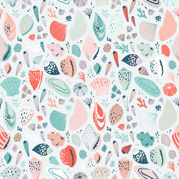 Vector Hand Drawn Seamless Pattern With Shells