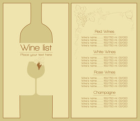 Wine list design for bar, restaurant, wine house or other. With bottle, glass, text and grapes decoration, price list. Place for your text.