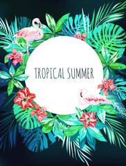 Bright hawaiian design with flamingos, tropical plants and hibiscus flowers