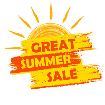 great summer sale with sun sign, yellow and orange drawn label,
