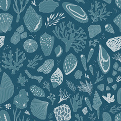 vector hand drawn seamless pattern with shells and corals