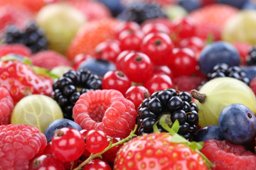 Beeren Früchte Erdbeeren Himbeeren Blaubeeren Textfreiraum