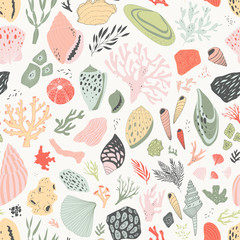 vector hand drawn seamless pattern with shells and corals