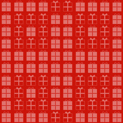 Seamless texture with gift boxes on red background. Vector illustration.