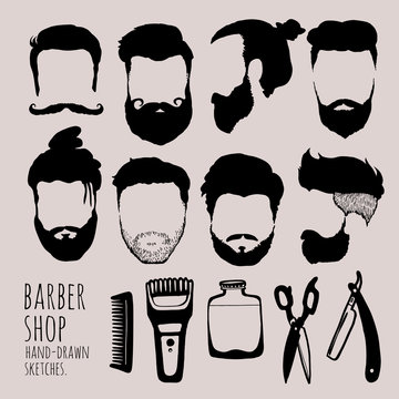 Man hairstyle. Set of hand-drawn sketches. Barbershop.