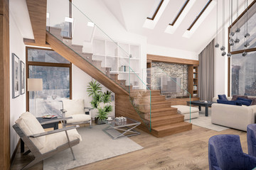 3D rendering of  living room of chalet
