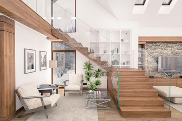 Fototapeta na wymiar 3D rendering of living room of chalet