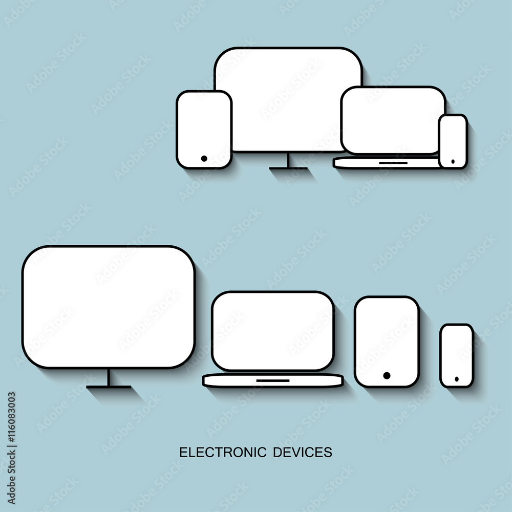 Poster set with light displays computer notebook tablet and phone on a light blue background