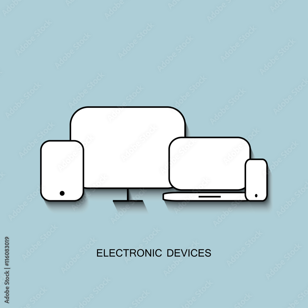 Poster set with light displays computer notebook tablet and phone on a light blue background