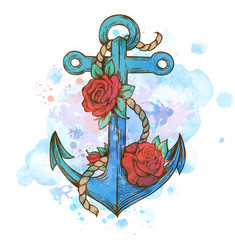 Vintage hand drawn anchor and red roses © artspace