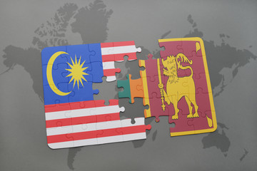 puzzle with the national flag of malaysia and sri lanka on a world map background.