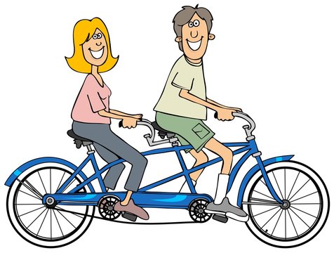 Couple riding a blue tandem bicycle