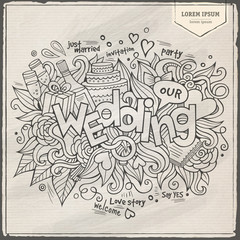 Wedding hand lettering and doodles elements background.