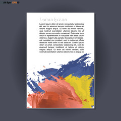 Abstract print A4 design with blue, red and yellow colored brush strokes, for flyers, banners or posters over silver background. Digital vector image.