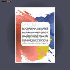 Abstract print A4 design with blue, red and yellow brush strokes, for flyers, banners or posters over silver background. Digital vector image.
