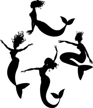 Set of silhouettes of mermaids