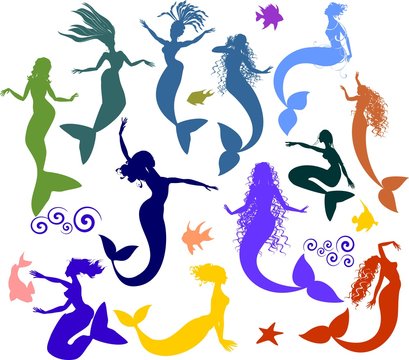 Set of silhouettes of mermaids and fishes