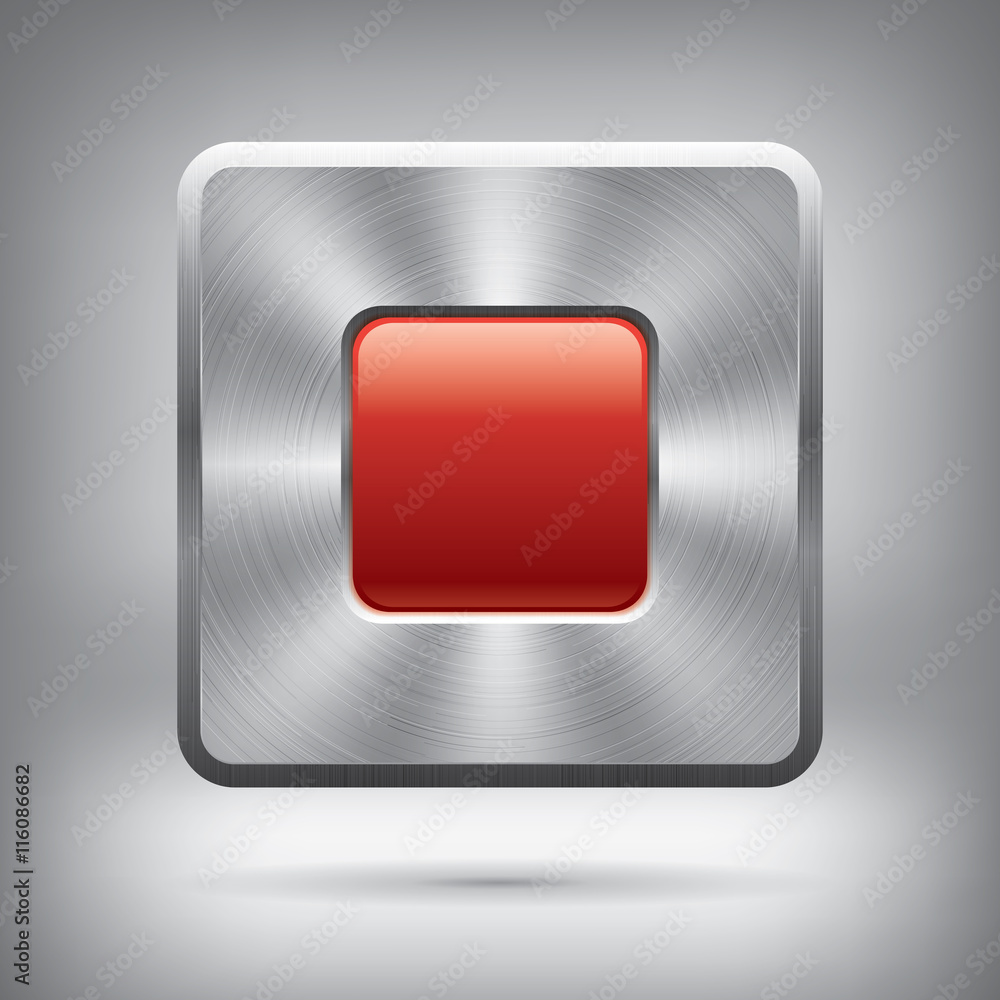 Poster metal button and glossy red square, vector metallic texture, square element for you project design