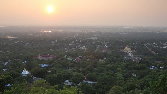 Scenic sunrise old pagoda with balloon at Bagan Myanmar
