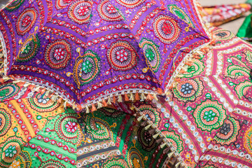 Part of an umbrella made from colorful indian cloth