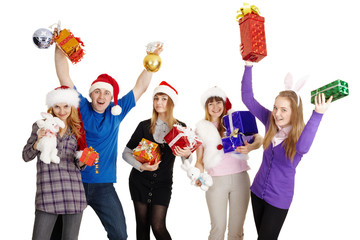 Happy company with New Year's gifts in hands