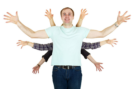 Cheerful people - multiarmed monster on white