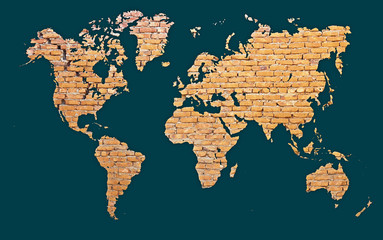 World map with continents made of brick