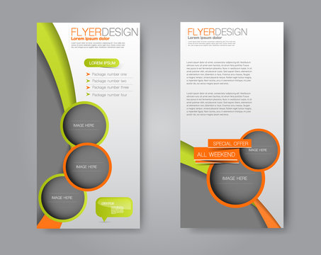 Vector flyer and leaflet design. Set of two side brochure templates. Green and orange color.