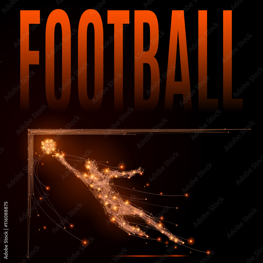 Poster polygonal footballer in jumping to the ball. abstract line and point goalkeeper in motion on the bla