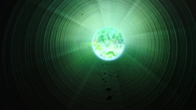Movement inside of long plastic tube under ground. Strong green  light, structured ribbed wall of plastic pipe, green light at the circle end.