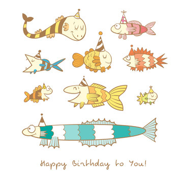 Birthday card with cute cartoon colorful fishes in party hats. Underwater life. Funny sea animals. Children's illustration. Vector contour image no fill. Doodle style.