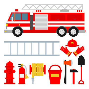 fire truck and firefighting equipment set in flat style isolated on white background