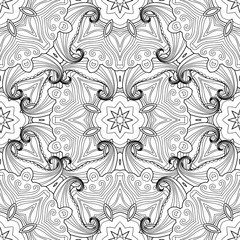 Abstract vector decorative ethnic mandala black and white seamless pattern.