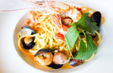 Pasta with Shrimp Dinner Dish on a the table