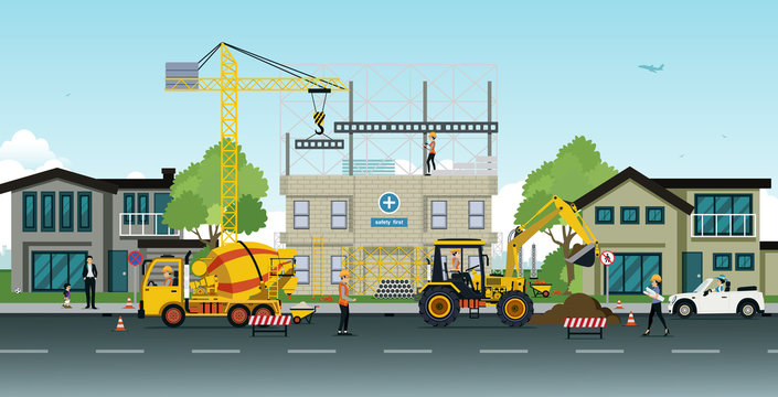 Construction and home renovation with cranes and engineers oversee safety first.