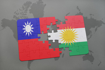 puzzle with the national flag of taiwan and kurdistan on a world map background.