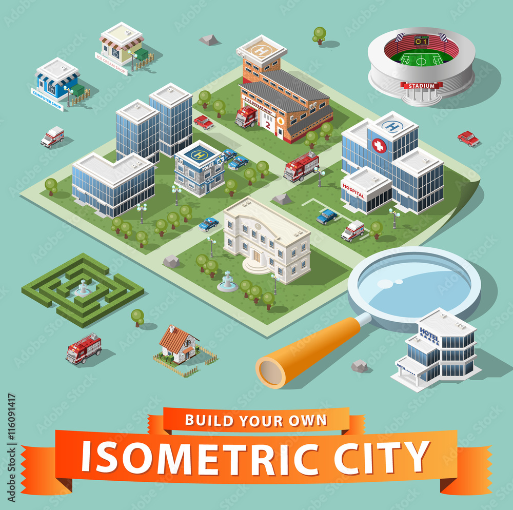 Poster build your own isometric city. vector elements.