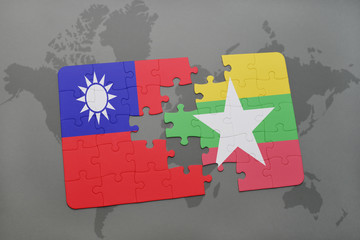 puzzle with the national flag of taiwan and myanmar on a world map background.