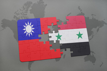 puzzle with the national flag of taiwan and syria on a world map background.