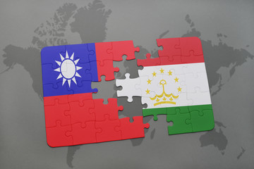 puzzle with the national flag of taiwan and tajikistan on a world map background.