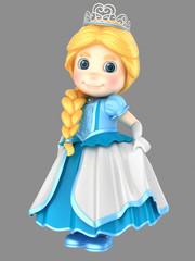 3d illustration a cute girl in a beautiful blue princess dress