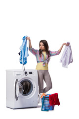 Woman tired after doing laundry isolated on white